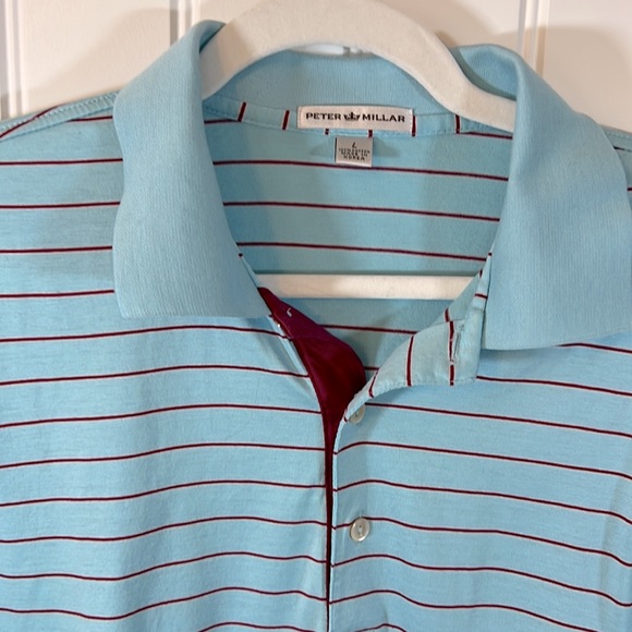 Peter Millar golf polo T-shirt size Large “ceramic” blue with burgundy stripes - Picture 3 of 11